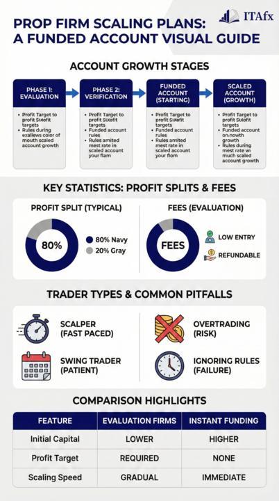 Infográfico - Prop firm scaling plan funded account guide 2026 Infográfico - Prop firm scaling plan funded account guide 2026