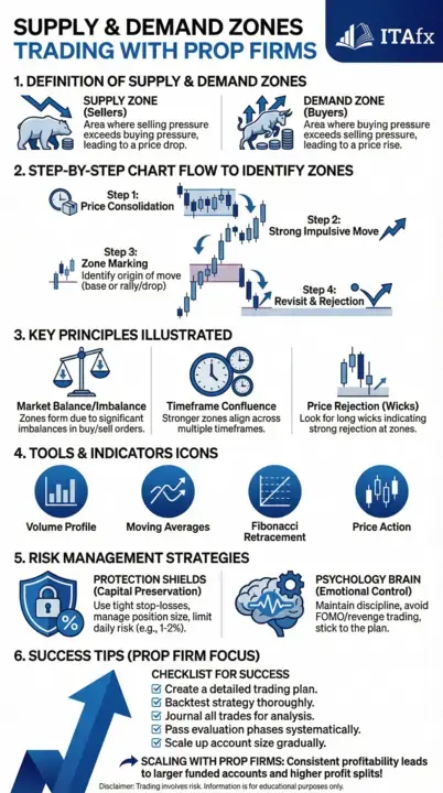 Infográfico - Supply and demand zones prop firm trading guide 2026 Infográfico - Supply and demand zones prop firm trading guide 2026