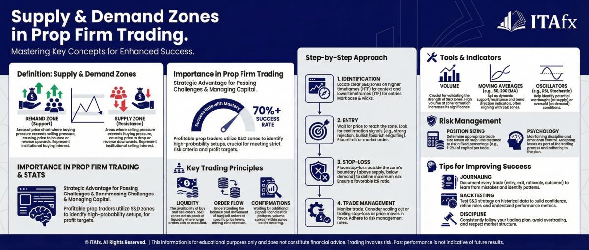 Infográfico - How to master supply and demand zones for prop firm wins Infográfico - How to master supply and demand zones for prop firm wins