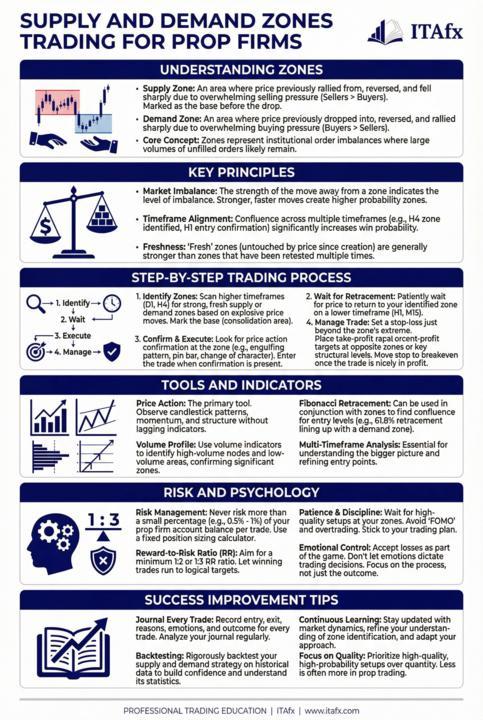 Infográfico - How to master supply and demand zones for prop firm wins Infográfico - How to master supply and demand zones for prop firm wins