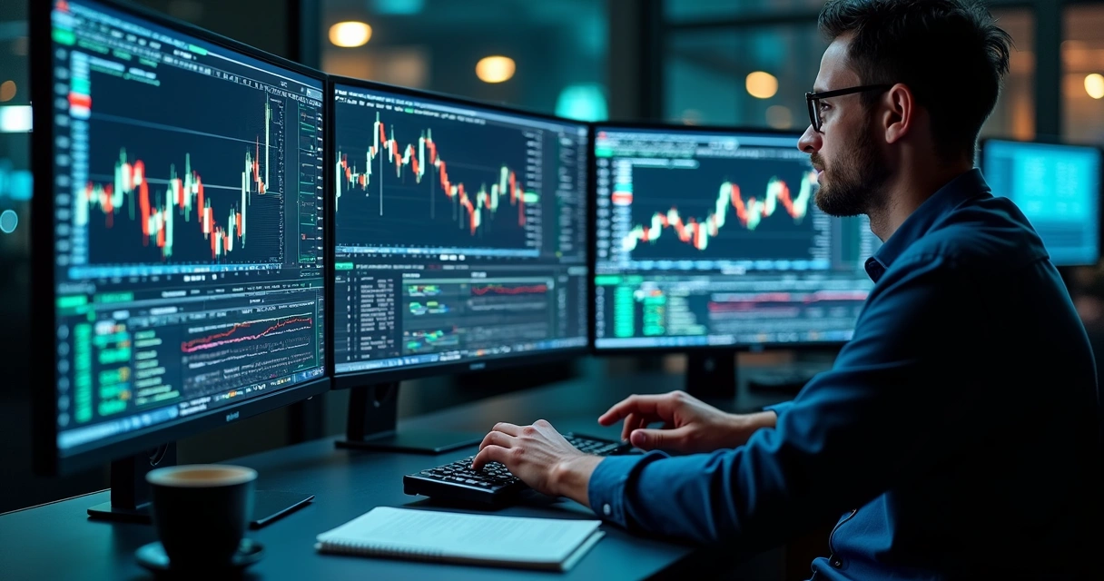 Trader analyzing multiple financial charts on high-resolution monitors