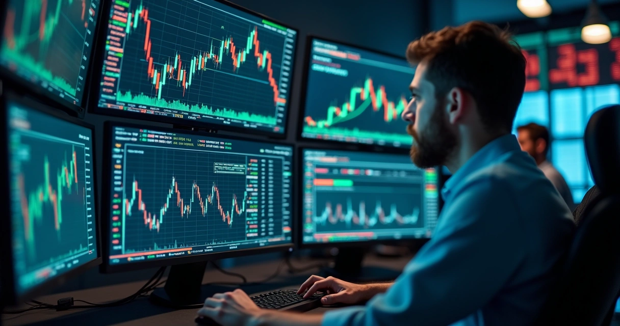 High-resolution close-up of a digital financial market screen showing buy and sell orders, green and red candlestick charts with liquidity depth bars