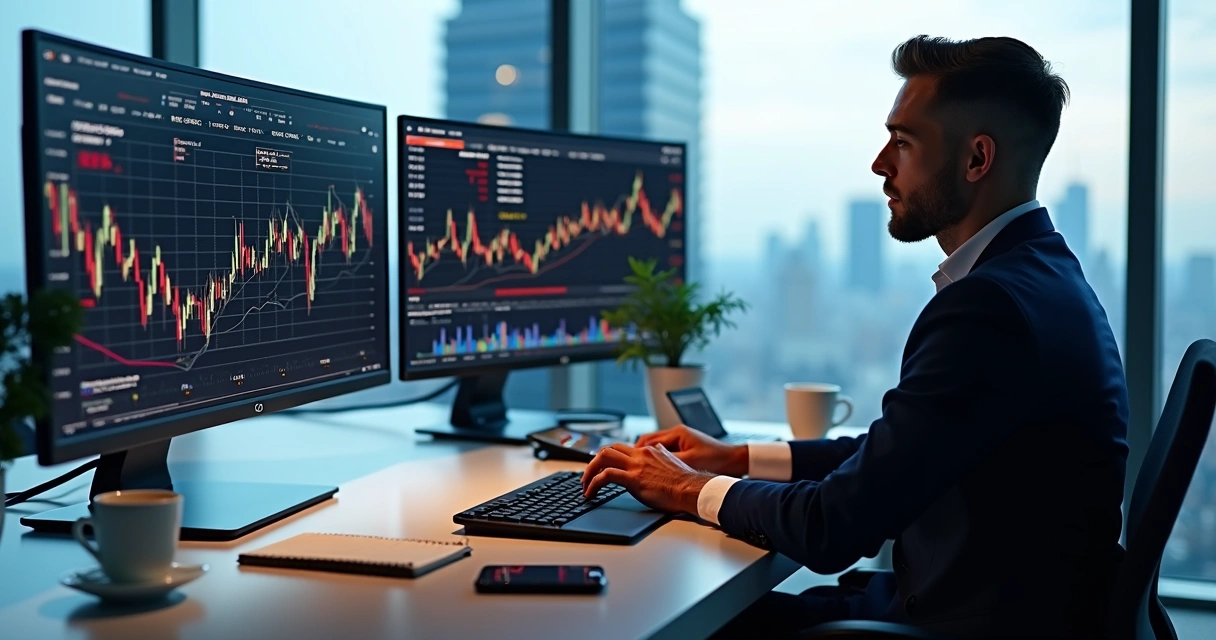 Institutional trader working with multiple monitors showing financial charts and risk parameters