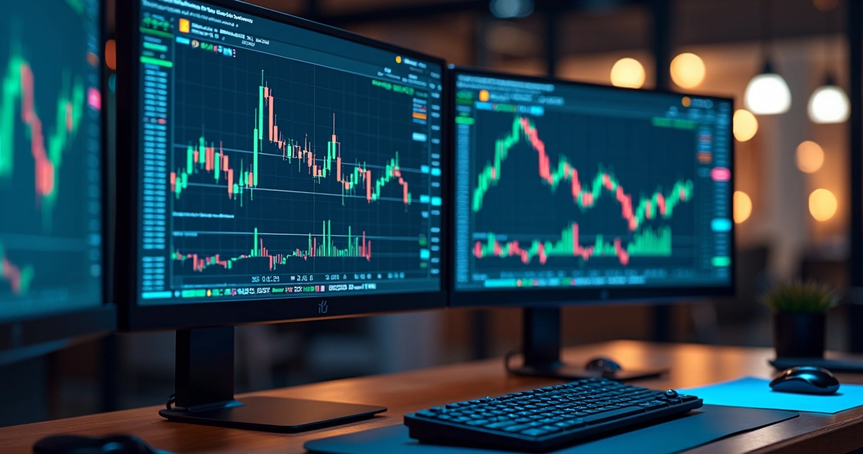 High resolution trading desk with multiple screens showing MetaTrader platform charts and technical analysis tools