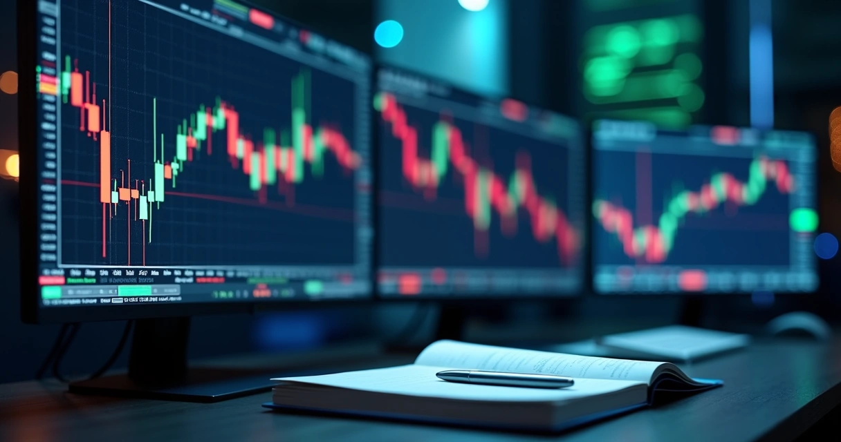 Trader analyzing stock price charts with technical indicators on multiple screens