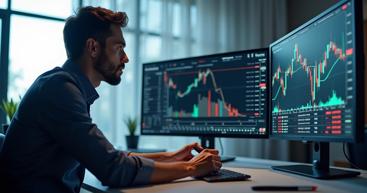 Trader analyzing detailed backtesting data on multiple high-resolution monitors