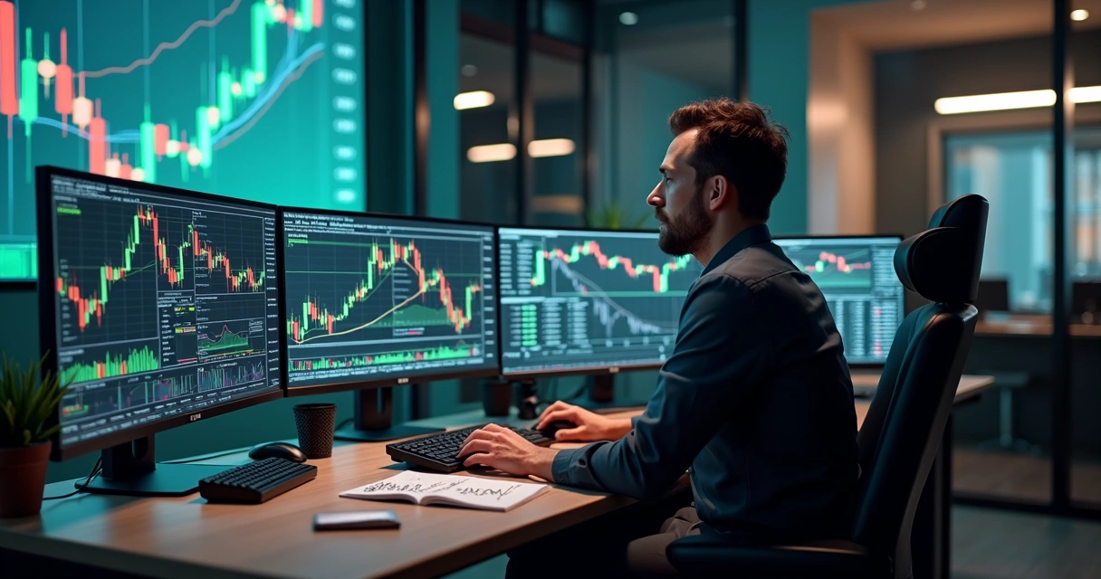 Trader working with multiple monitors showing trading charts and profit graphs