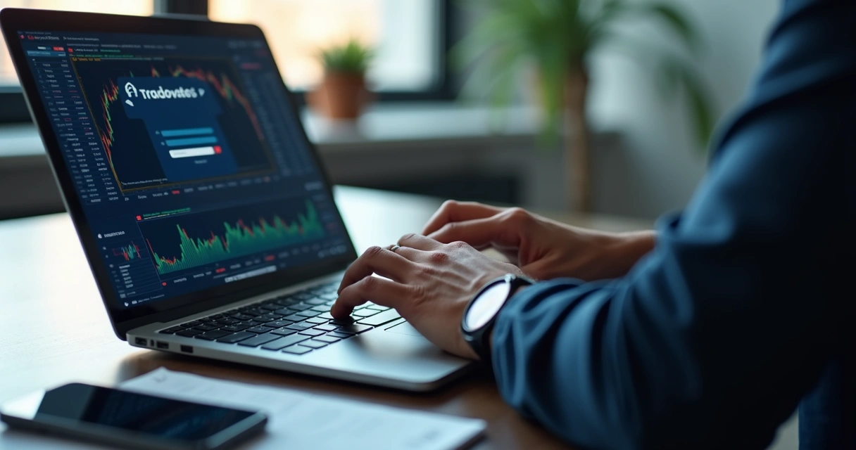 Close-up of a trader logging into Tradovate platform on a laptop with charts on screen