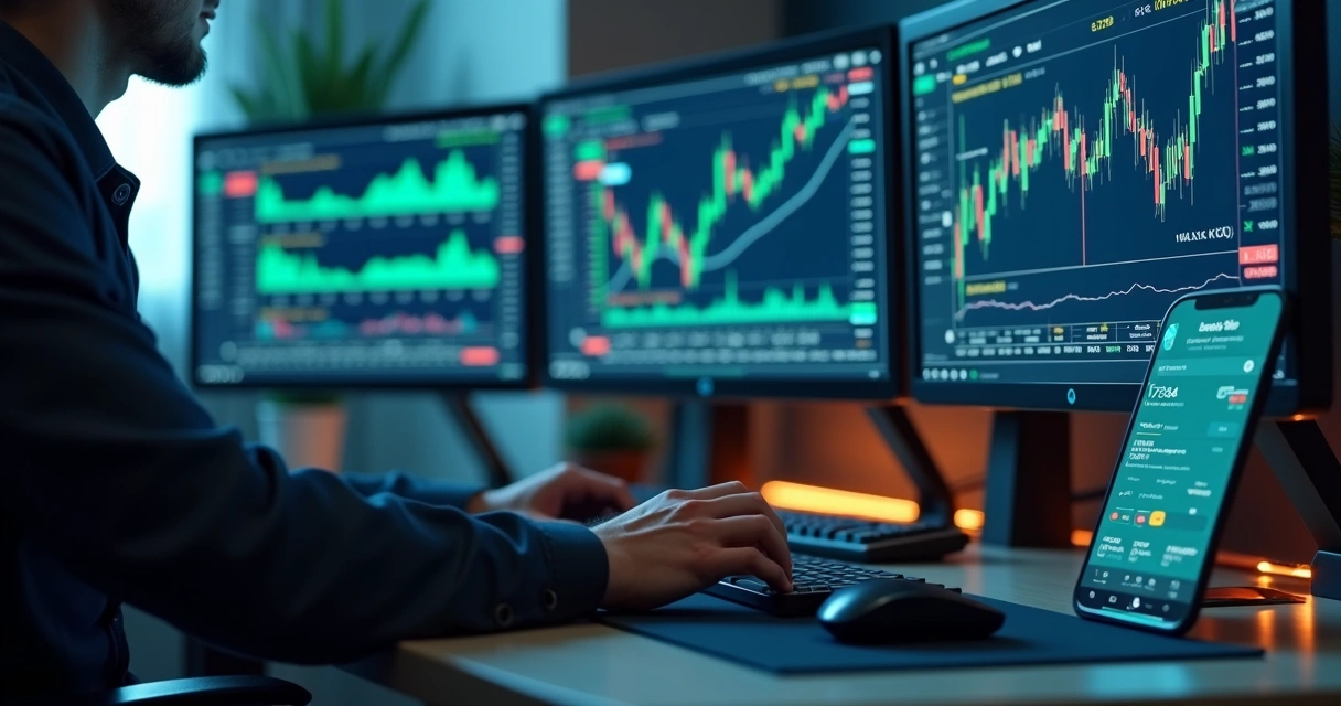Trader accessing financial data on multiple screens with digital graphs and charts around