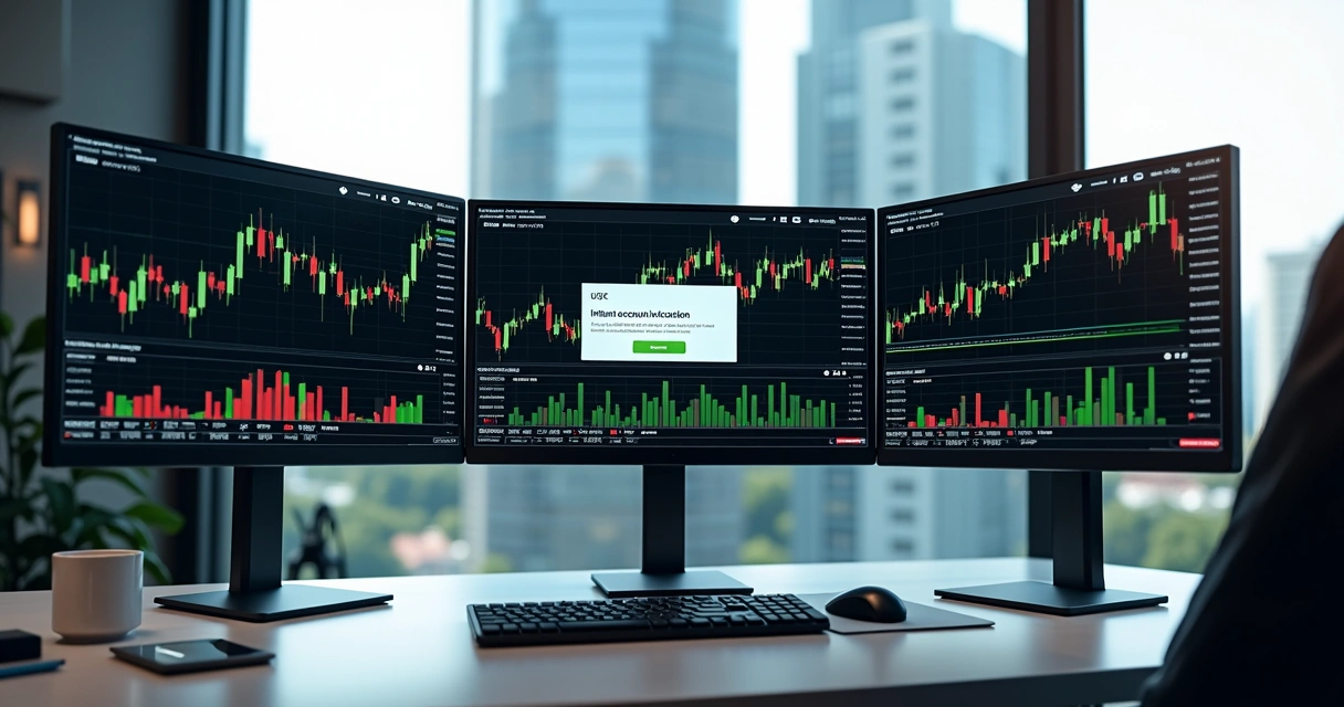 Trader at desk with three monitors showing trading charts and instant funding account activation screen
