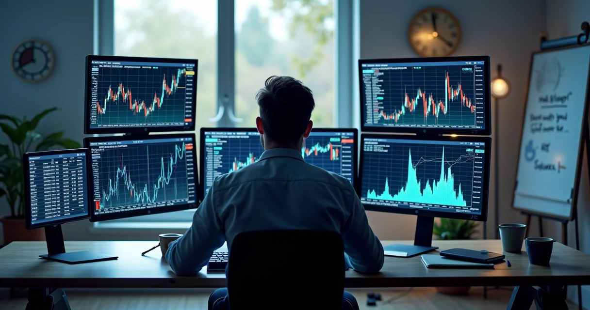 Trader working on multiple monitors displaying financial charts and market data