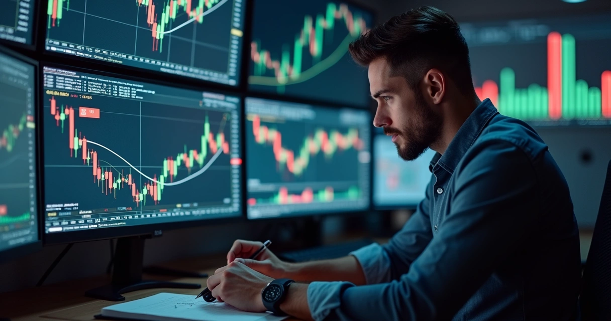 Trader analyzing a detailed drawdown equity curve on multiple high-resolution monitors in a modern trading room