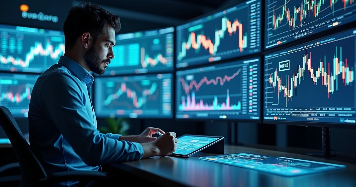 Trader analyzing multiple high-resolution screens displaying liquidity charts and market data in a modern trading room
