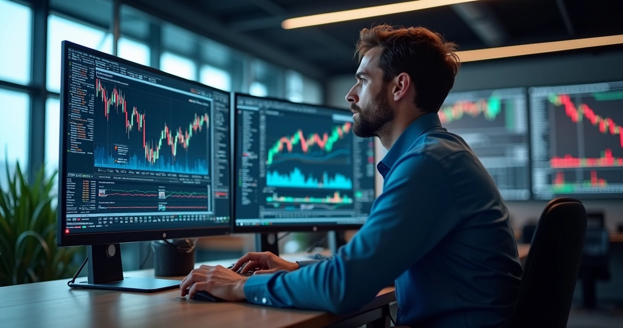 Trader analyzing multiple financial charts on large computer screens in modern office